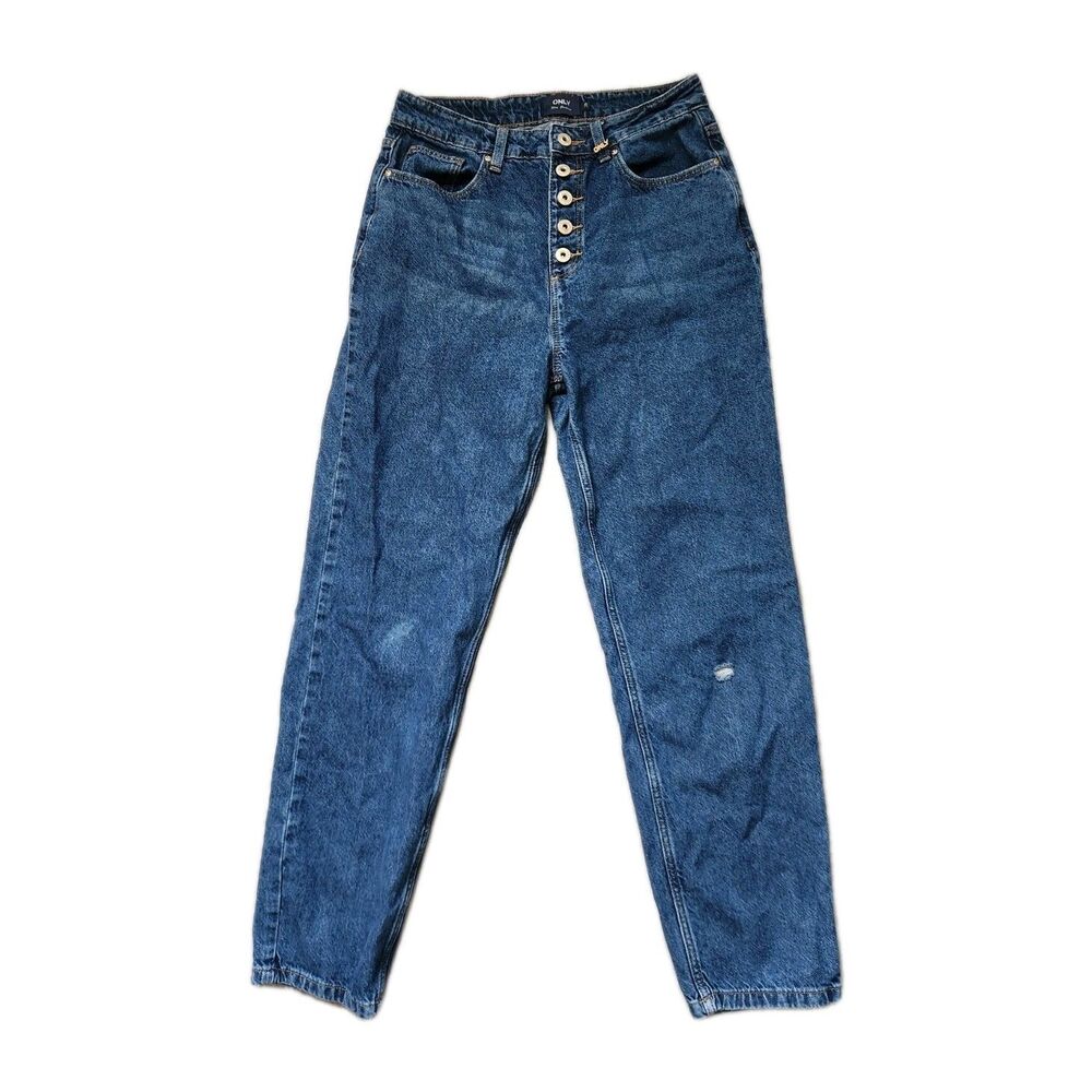 ONLY Emily High Waist Straight Jeans Button Fly Blue Denim Distressed Sz 29 EUC
